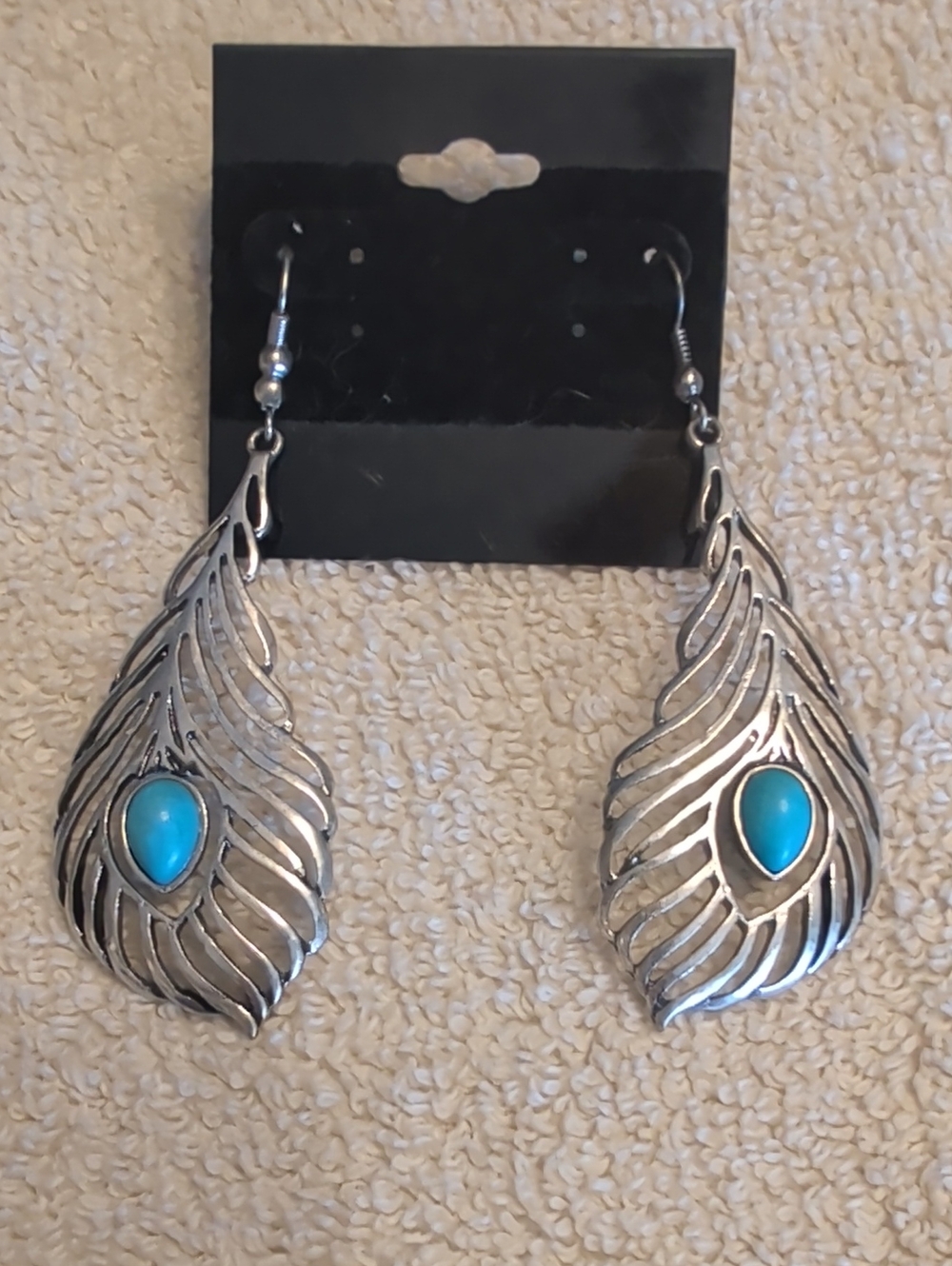 Silver Peacock Feather Drop Earrings with Turquoise Stone